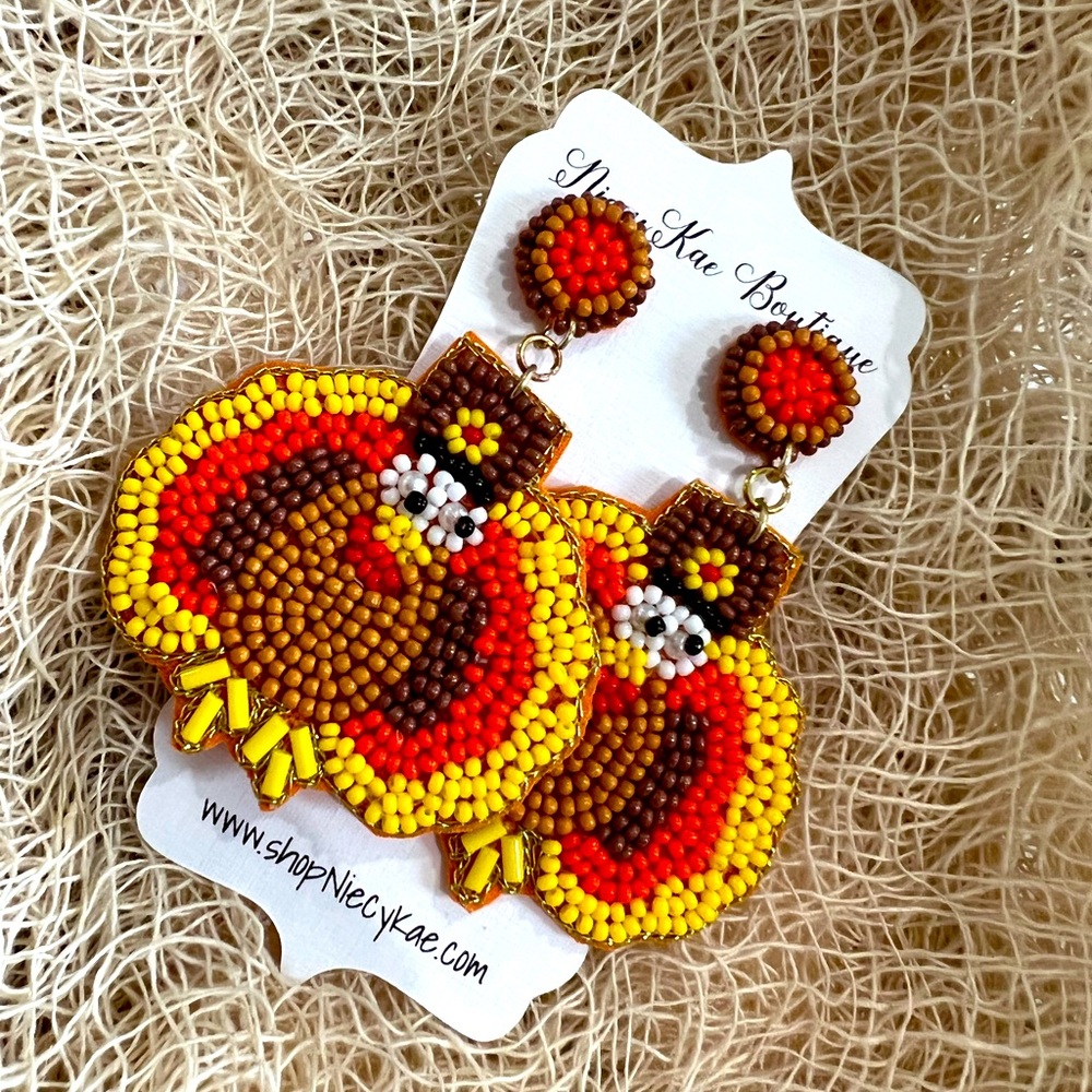 🤎💛🦃Festive Thanksgiving Turkey Seed Bead Dangle Earrings, Statement Jewelry